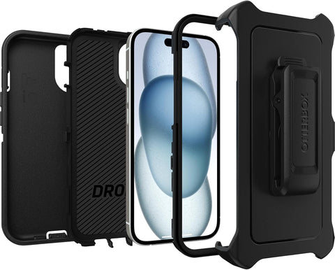 OtterBox iPhone 15, iPhone 14, and iPhone 13 Defender Series Case - BLACK, screenless, rugged & durable, with port protection, includes holster clip kickstand (ships in polybag)