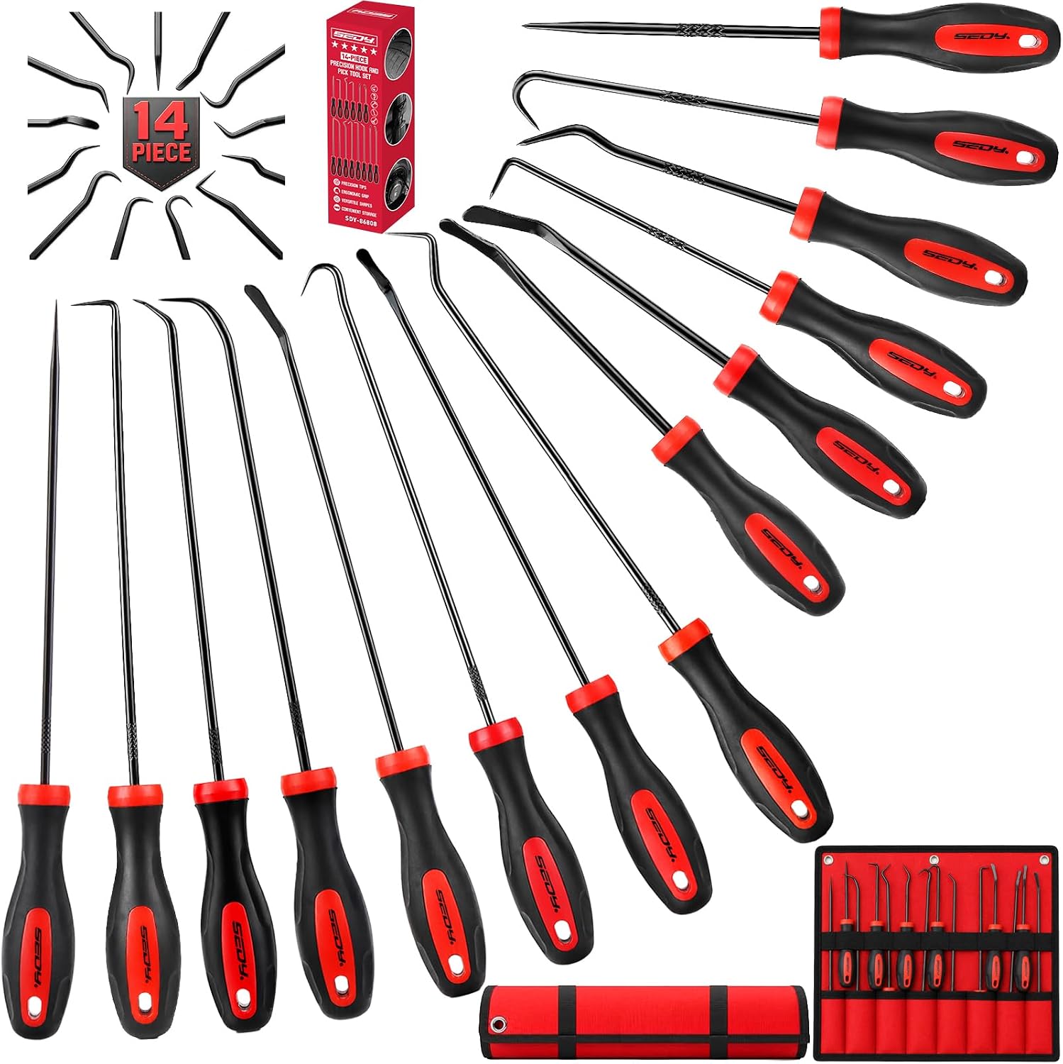 14PCS Pick and Hook Tool Set, Long and Mini Precision Pick Tools with Non-Slip Handles for O-Ring, Seal, Gasket and Hose Removal, Automotive Hook and Pick Set for Car Repair and Mechanical Maintenance