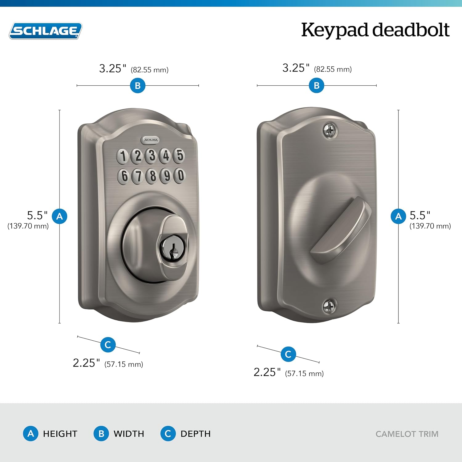 Schlage Electronic Keypad Deadbolt Lock, Camelot Trim, Satin Nickel