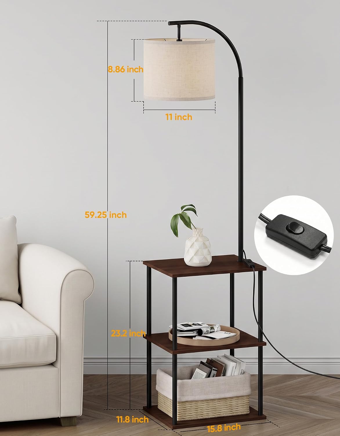 PARTPHONER Floor Lamp with Table, Night Stand with Lamp, Narrow Side Table with 3CCT LED Bulb, Small Coffee Table, Modern End Table with Storage Shelves for Living Room Bedroom, Walnut Brown