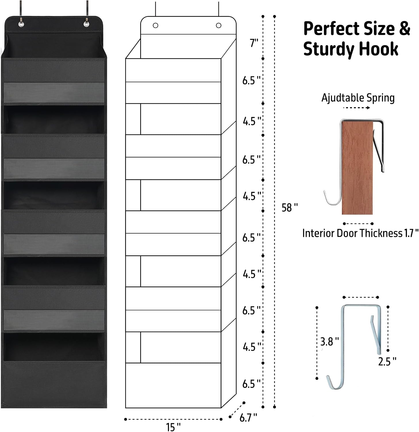TYMENSH Black Over Door Organizer with 5 Large Pockets and 6 Side Mesh Pockets, Anti-Tilt Hanging Door Storage for Closet, Bathroom, Nursery, Bedroom, Dorm