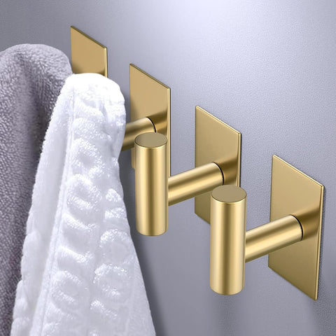 VAEHOLD Wall Towel Hooks, Heavy Duty Sticky Holder Waterproof Towel Hooks for Hanging Coat, Clothes, Closet Hook Wall Mount for Kitchen (Gold, 2 Pack)