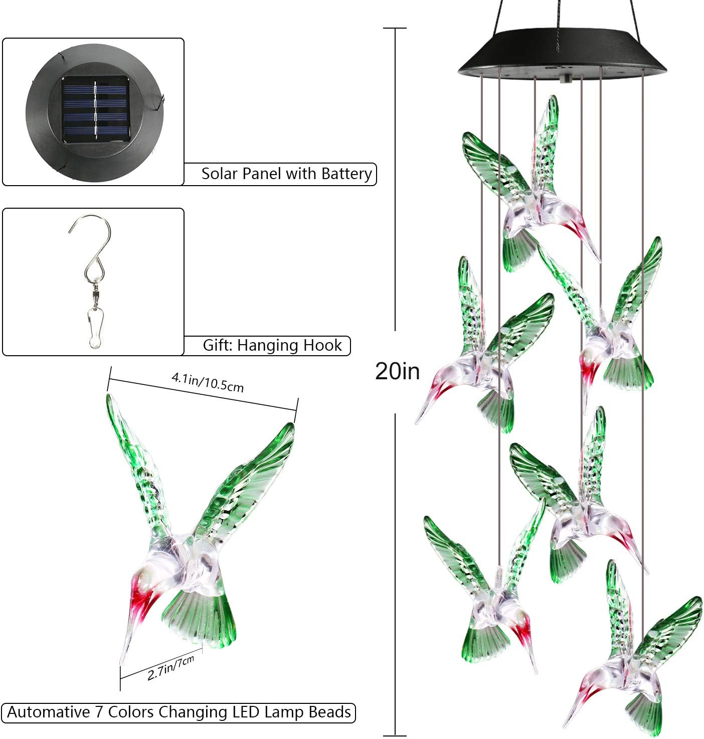 Toodour Solar Wind Chime, Color Changing Wind Chimes Hummingbird