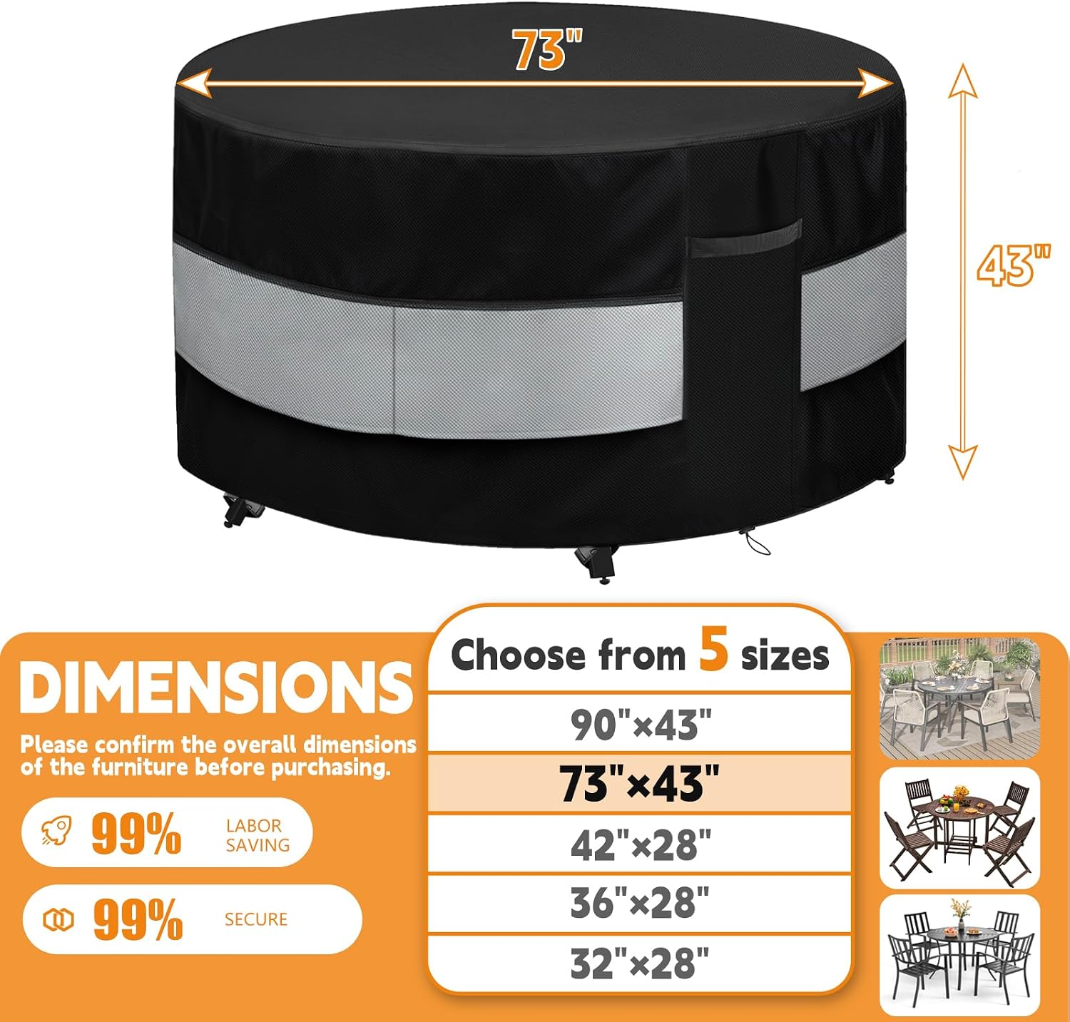 Round Patio Bar Height Table and Chair Cover Black Grey 73 x 43 Inch