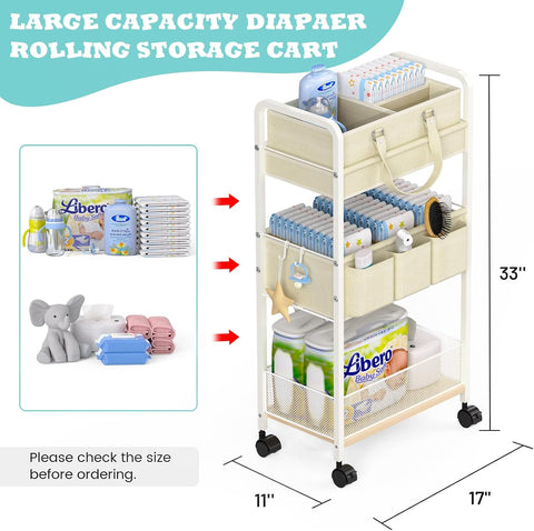 2In1 Baby Diaper Caddy & 3-Tier Rolling Cart, Diaper Caddy Organizer Carts with Dividers, Mobile Metal Utility Cart for Nursery Essentials, Detachable Bedside Cart, Large Capacity, White