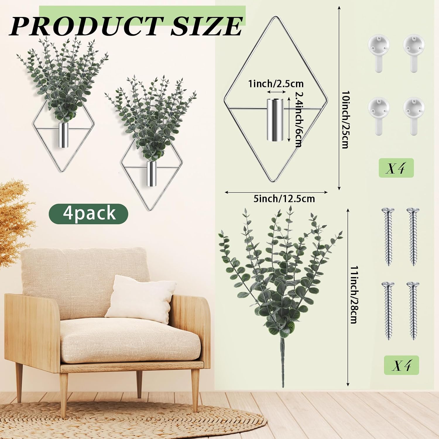 Jexine 4 Pcs Hanging Artificial Planters Wall Decor, Silver, Eucalyptus