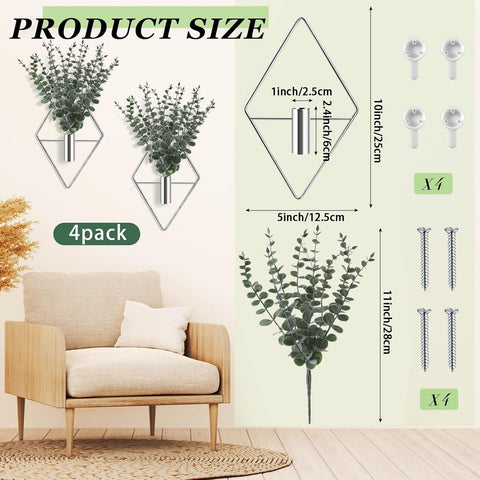 Jexine 4 Pcs Hanging Artificial Planters Wall Decor, Silver, Eucalyptus
