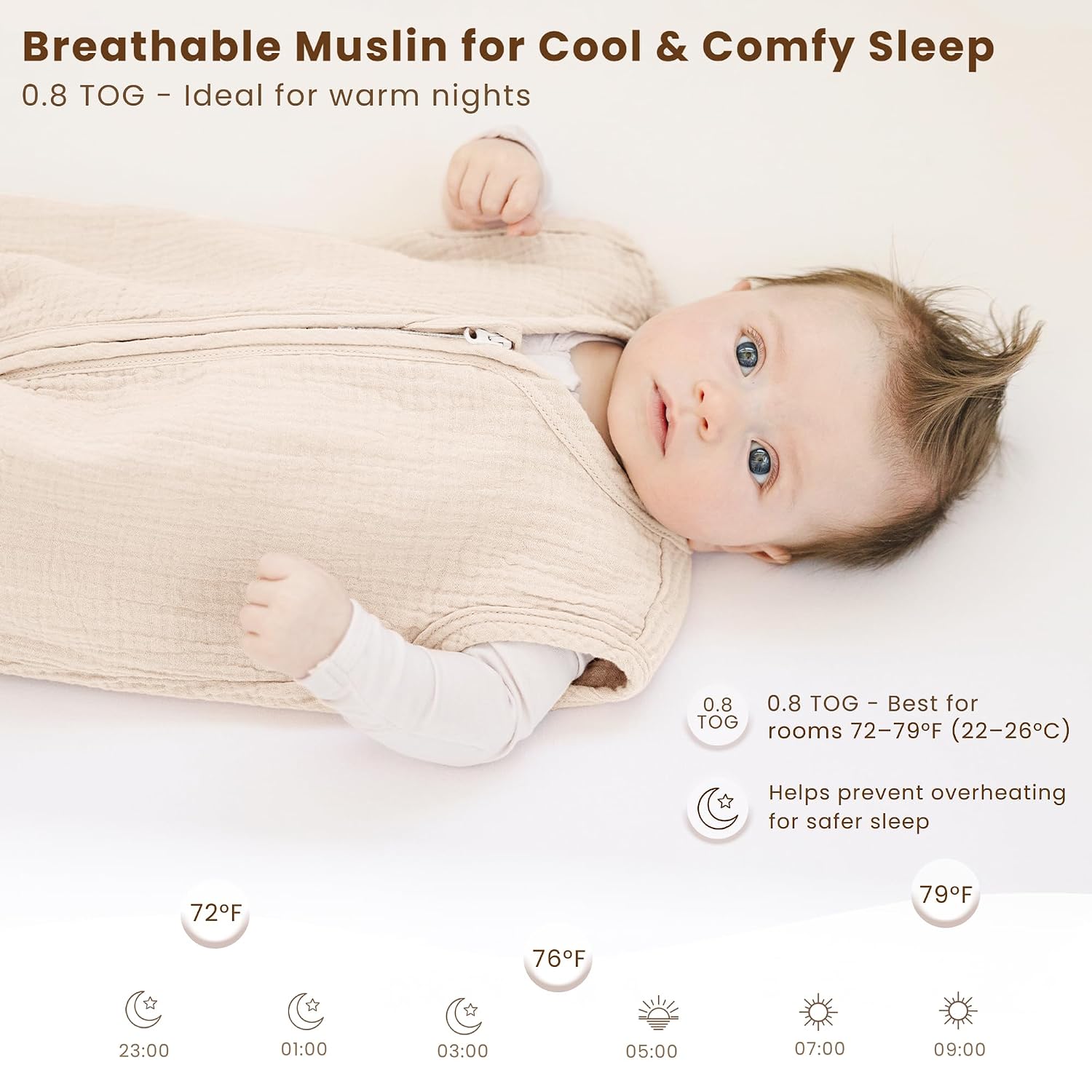 Konssy Muslin Baby Sleep Sack 6-12 Months, 0.8 TOG Baby Wearable Blanket