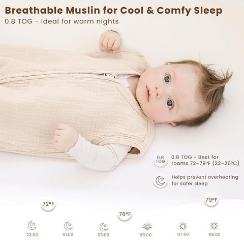 Konssy Muslin Baby Sleep Sack 6-12 Months, 0.8 TOG Baby Wearable Blanket