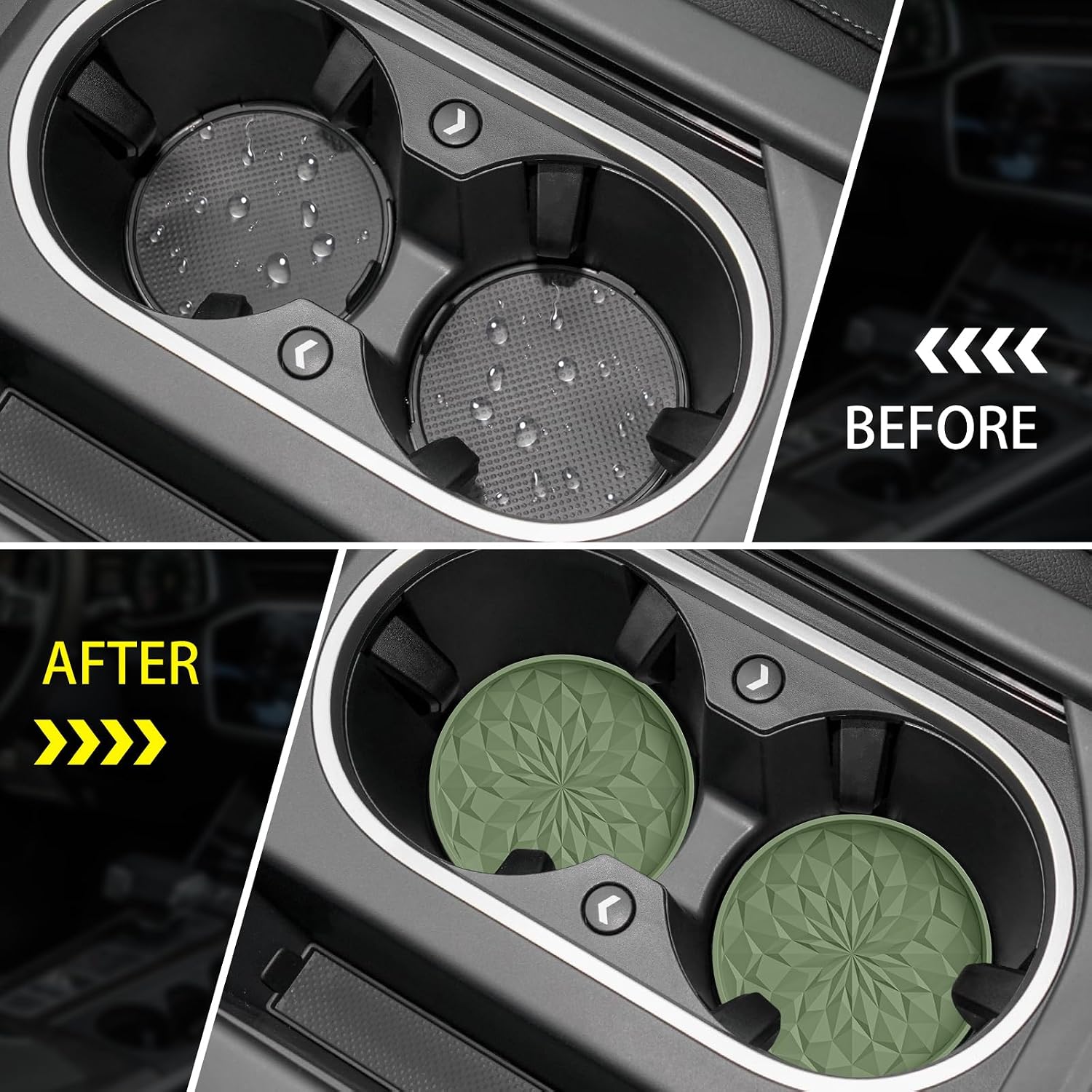 ME.FAN Car Coasters for Cup Holders [4 Pack] - 2.75In Silicone Auto Mug Mats - Universal Non-Slip Recessed Car Interior Accessories Olive Green