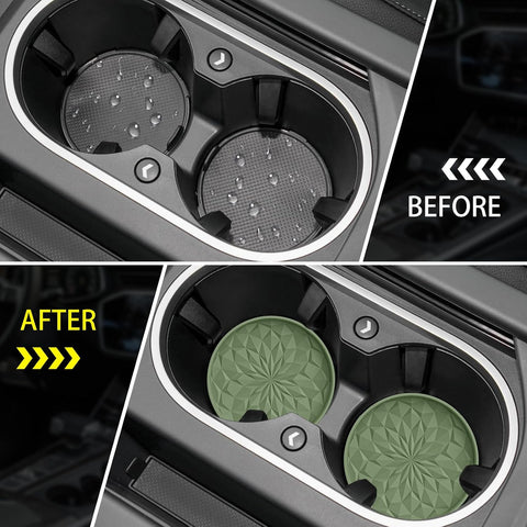 ME.FAN Car Coasters for Cup Holders [4 Pack] - 2.75In Silicone Auto Mug Mats - Universal Non-Slip Recessed Car Interior Accessories Olive Green