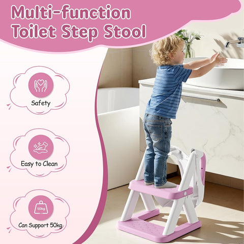 Potty Training Toilet Seat with Steps, 2-in-1 Toddler Toilet Seat for Boys Girls with Splash Guard Soft Anti-Slip Pad,Bright Purple
