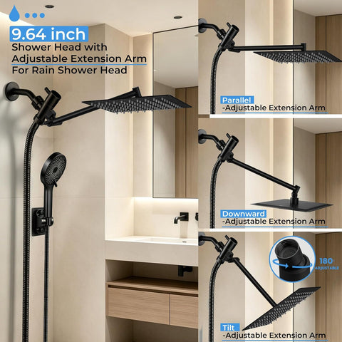 Shower Head, 8 inch Multifunction High Pressure Rain Shower Head with Handheld Spray Combo with 11'' Angle Adjustable Extension Arm/Flow Regulator/Shower System Matte Black