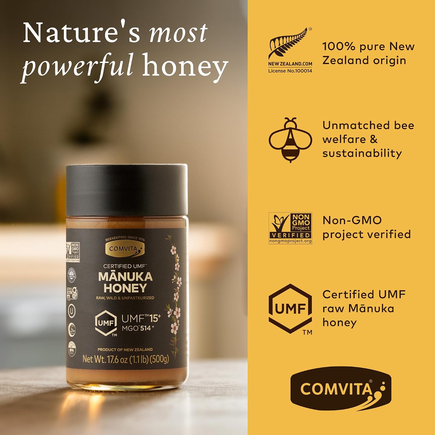 Comvita Manuka Honey UMF 15+ (MGO 514+) Raw, Monofloral - 500g (17.6 Oz)