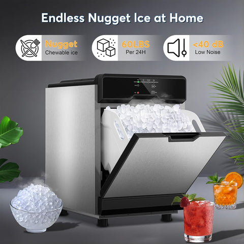 Nugget Ice Maker Countertop Dual Water Inlet Options, 60Lbs/24H Columnar