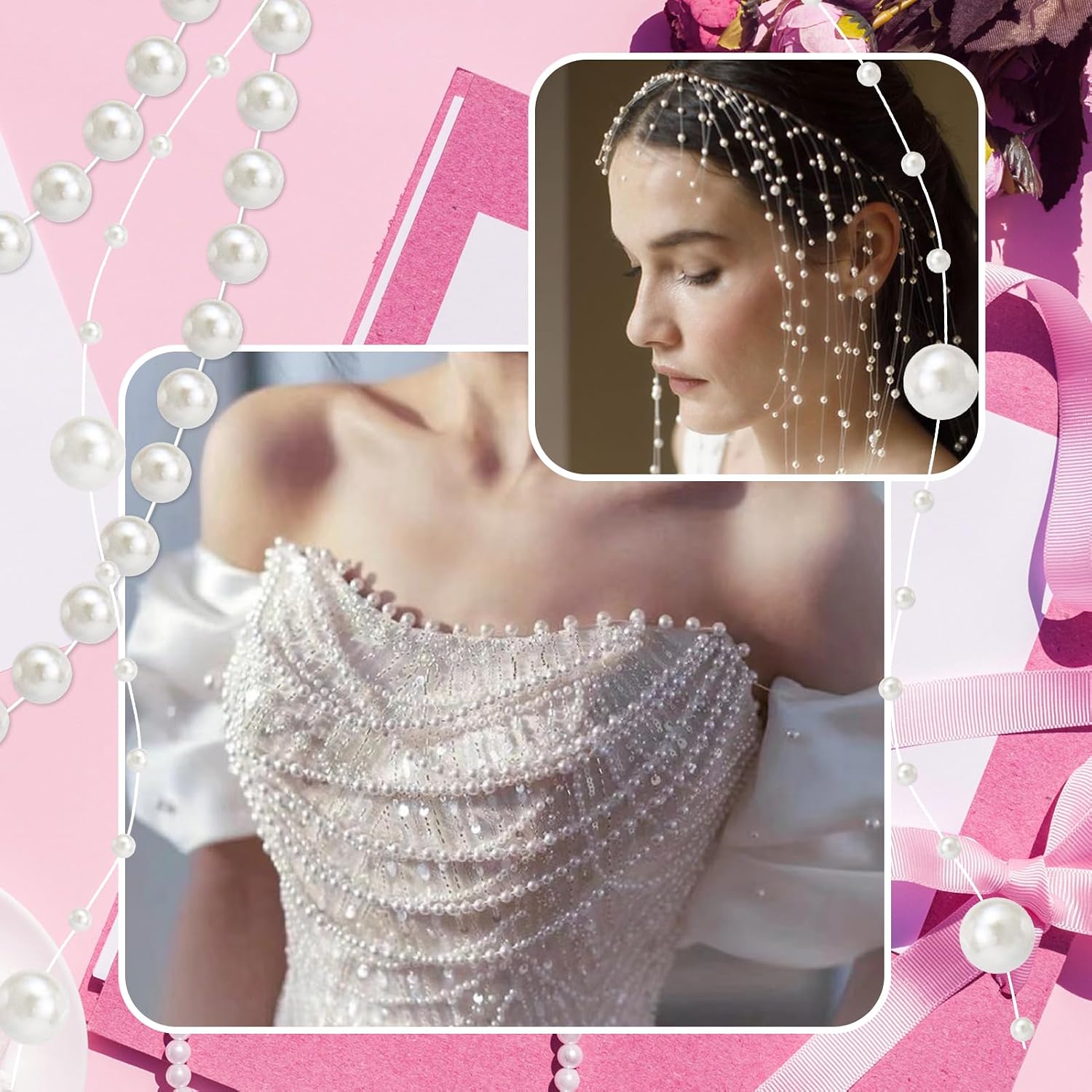 4 Rolls 76 Feet Pearls String Garland, Faux Pearl Beads Roll Strand for Crafts, Artificial Pearls Chain Trim for Wedding Party Flower Valentine Christmas Decoration, 4mm 6mm 8mm 8+3mm, Ivory