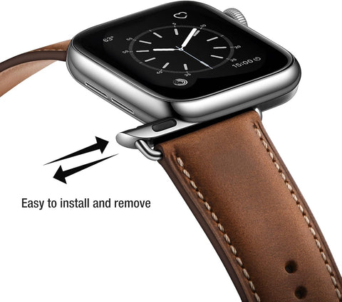 SUNFWR Leather Bands Compatible with Apple Watch Band 41mm 40mm 38mm for Men Women, Top Grain Genuine Leather Replacement Strap for iWatch Ultra SE2 SE Series 8 7 6 5 4 3 2 1 (Red Brown/Silver)