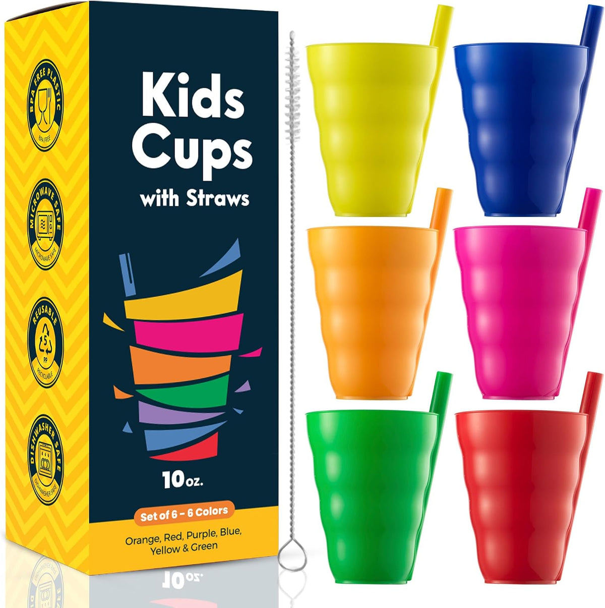 JoyServe 10 Oz Kids Cups with Built-In Straws (6-Pack) BPA-Free Tumblers
