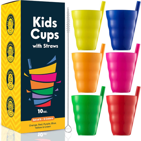 JoyServe 10 Oz Kids Cups with Built-In Straws (6-Pack) BPA-Free Tumblers
