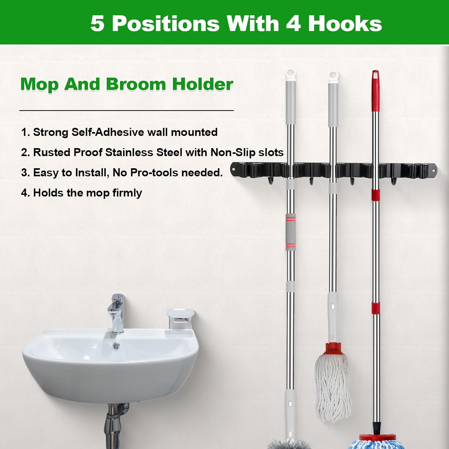 voze [2 Pack] 5 Racks and 4 Hooks Mop and Broom Holder Wall Mount, Self Adhesive Heavy Duty Broom Organizer Storage Tool Racks for Kitchen Garden Laundry Garage Black