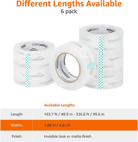 Amazon Basics Packing Tape, Strong & Durable for Moving, Storage, Shipping, Mailing and Sealing, Crystal Clear, 1.88" x 109 Yards, 12-Pack