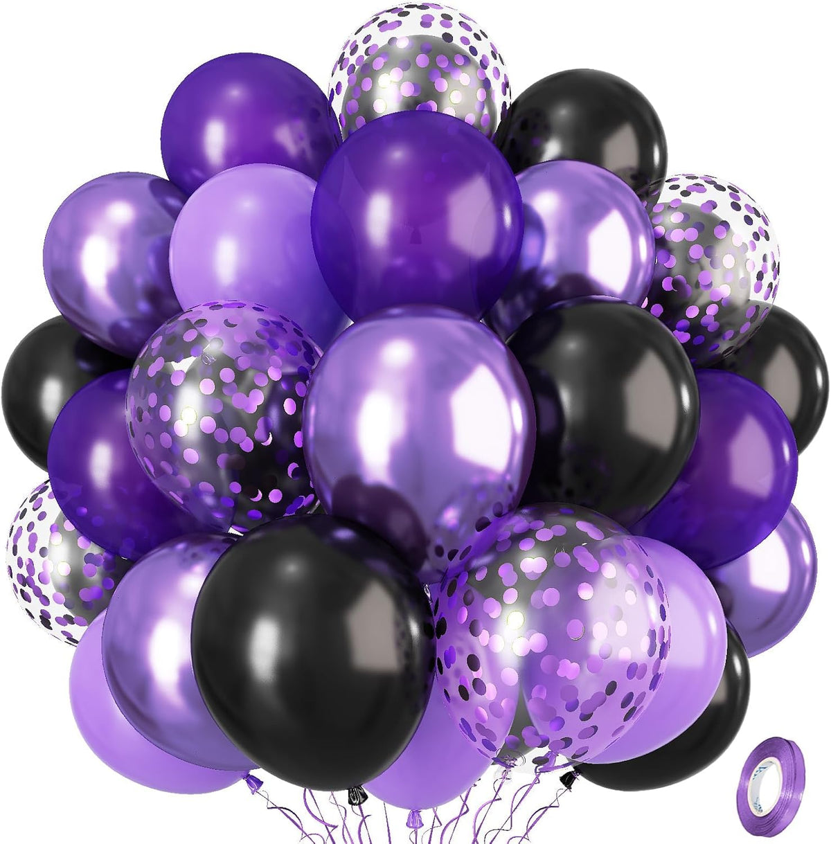 Isndare Purple Black Balloons, 12 Inch Dark Purple Light Balloons with Metallic Purple Confetti Latex Balloon Set for Girls Women Halloween Birthday Bridal Shower Wedding Party Decorations Is-02
