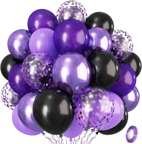 Isndare Purple Black Balloons, 12 Inch Dark Purple Light Balloons with Metallic Purple Confetti Latex Balloon Set for Girls Women Halloween Birthday Bridal Shower Wedding Party Decorations Is-02