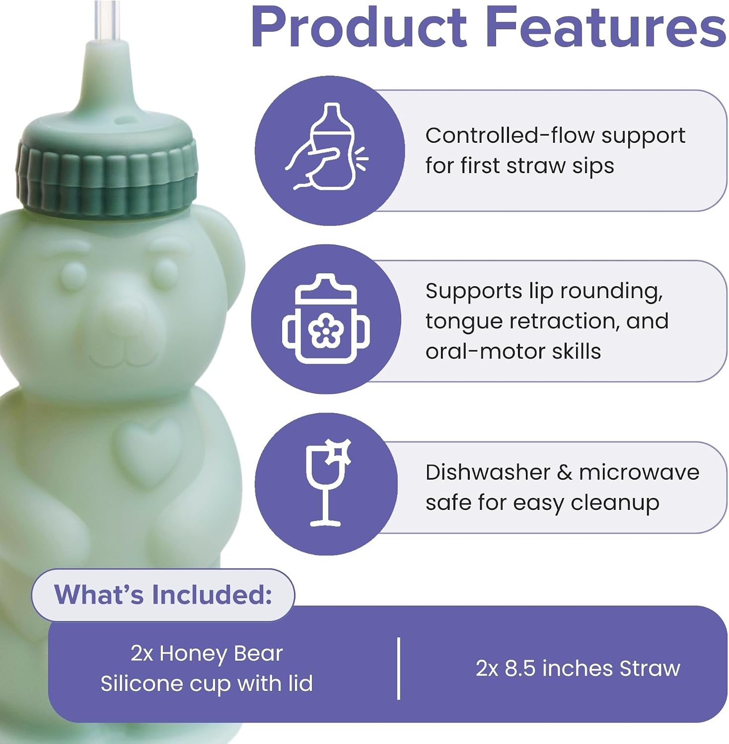 TalkTools Honey Bear Silicone Straw Cup, Dishwasher Safe Baby Drinking Bottle, Premium Food-Grade Material, Honeybear Sippy Cup for Ages 4+ Months, Kids and Toddlers (Pack of 2-8oz) (Green)