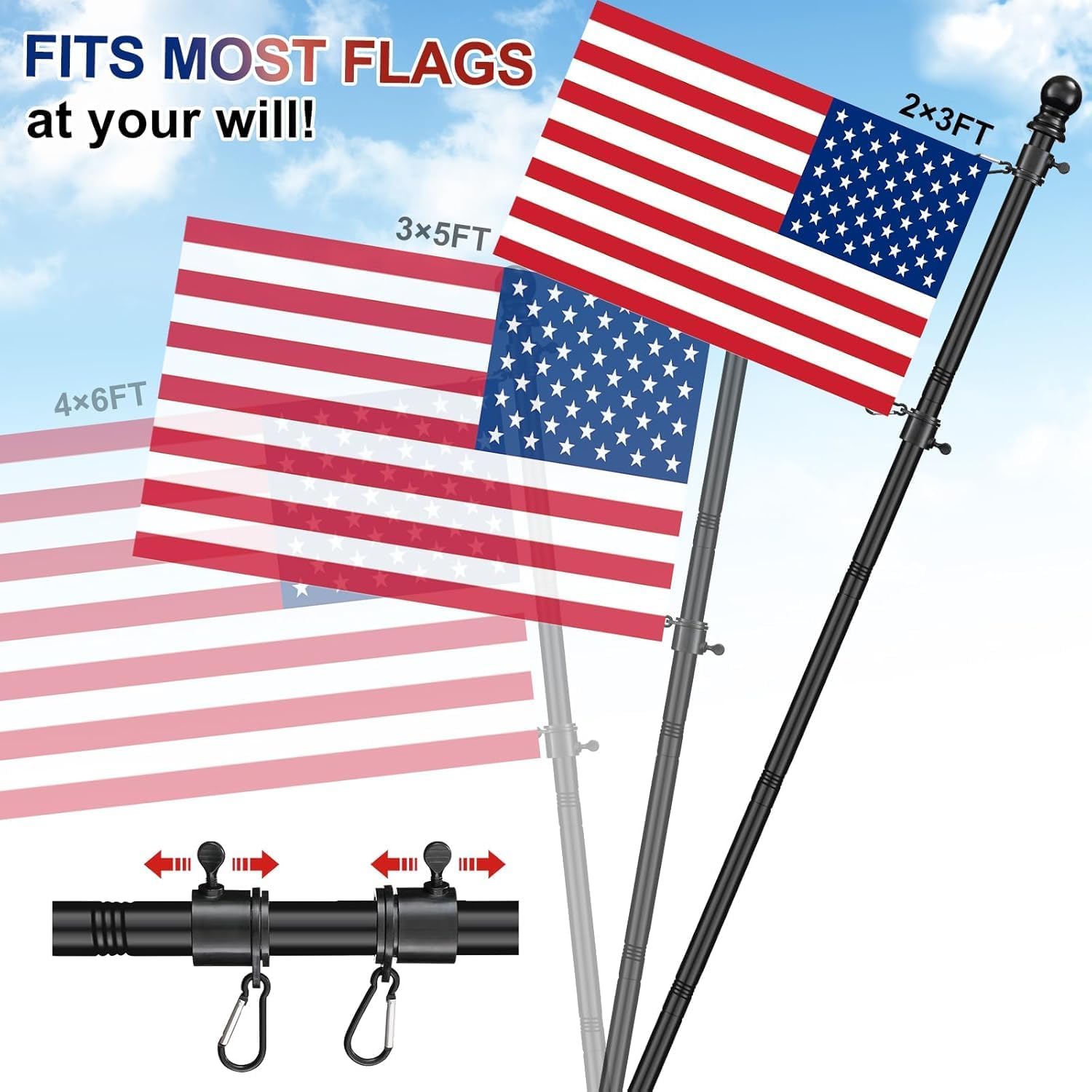 Flag Pole for Outside House, 1" Dia , 2 Tangle Free Rings,Heavy Duty Metal