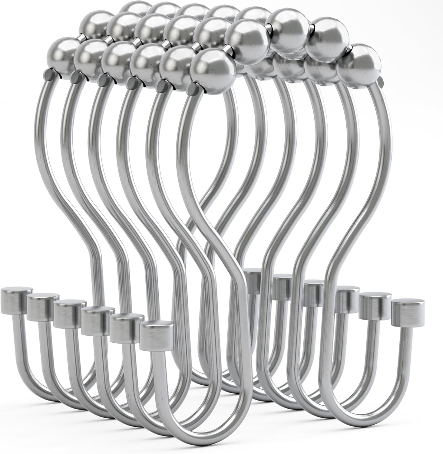 Bathway Shower Curtain Hooks Chrome Shower Curtain Rings with Cylindrical Design, Metal Shower Curtain Hooks Rust Proof, Smooth Glide Double Shower Hooks Rings for Shower Curtain