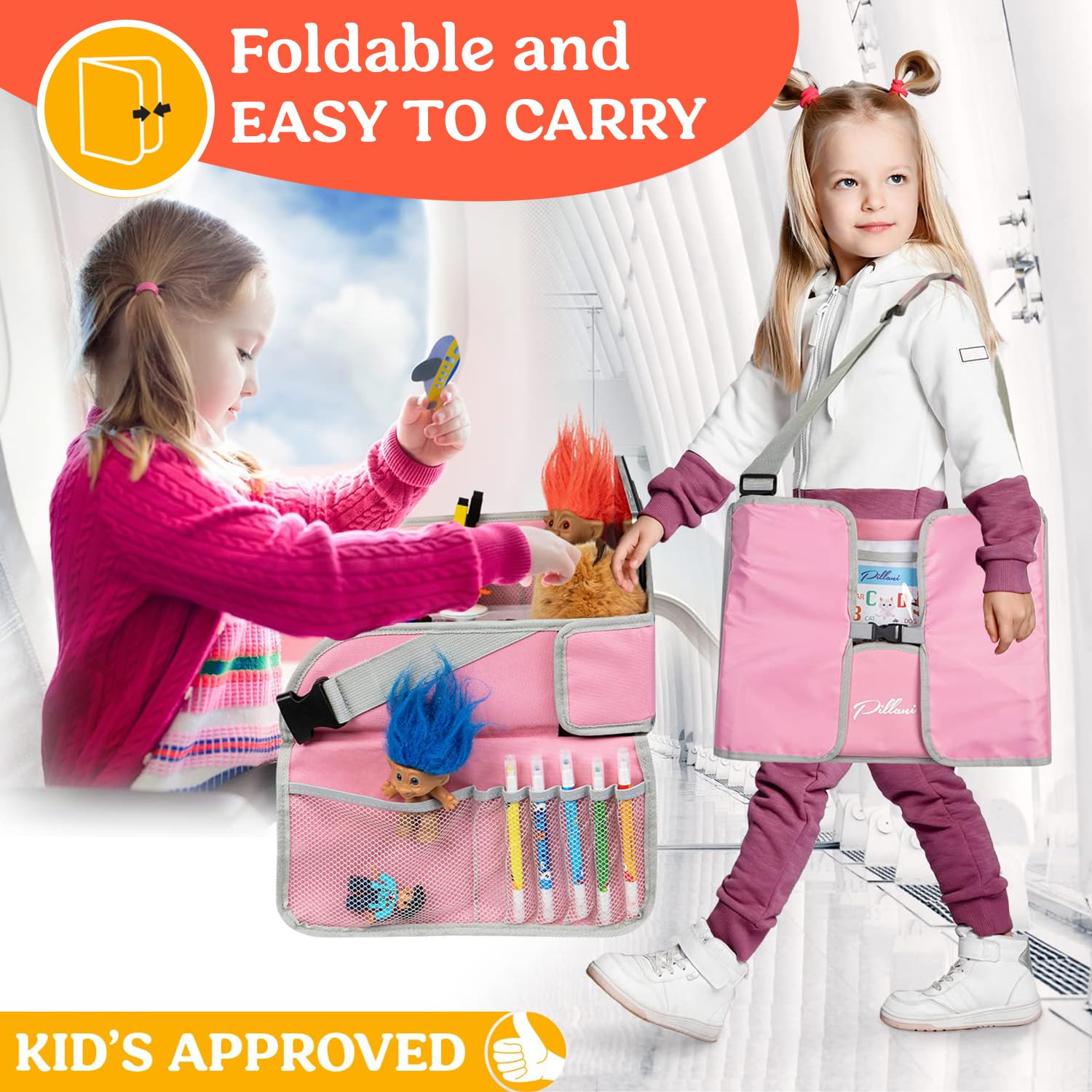 PILLANI Kids Travel Tray for Car - Car Seat Tray for Kids Travel, Road Trip Essentials, Carseat Table for Roadtrip Activities - Must Haves Toddler Lap Desk Organizer for Airplane - Car Accessories