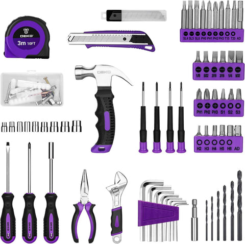 DEKOPRO Tool Set: Tool Kit with 8V Cordless Drill, Hand Toolbox with storage case, Tool set for Home Repairs 126 Piece, Purple
