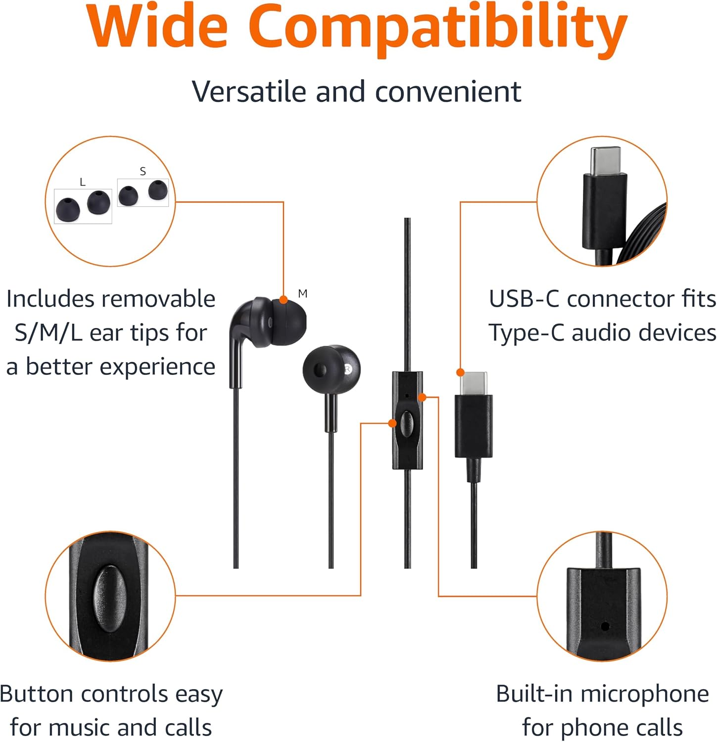 Amazon Basics Wired Earbuds with Microphone, in Ear Headphones, USB-C, 2 Pack