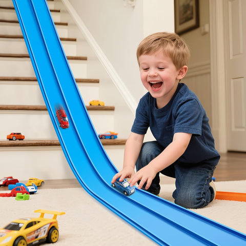 Flex Tracks 15 Ft Starter Set Flexible Race Track for Kids 3+, Flexible Car Track Race Car Ramp Track Compatible with Diecast 1/64th Cars, Portable Rolls Up Race Tracks with Strong Suction Cups