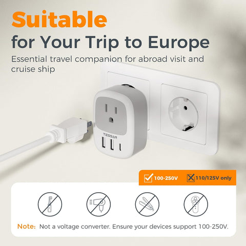 TESSAN 2 Pack European Travel Plug Adapter, US to Europe Plug Adapter
