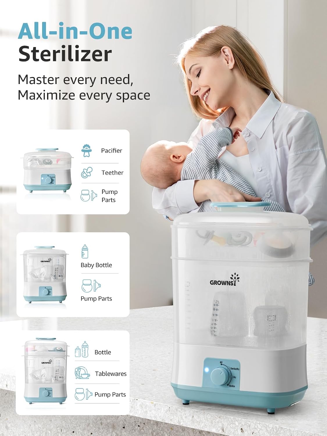 Grownsy 4-in-1 Large Capacity Baby Bottle Sterilizer and Dryer, Blue
