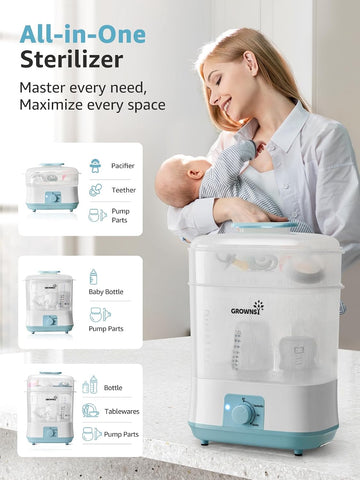 Grownsy 4-in-1 Large Capacity Baby Bottle Sterilizer and Dryer, Blue