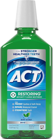ACT Restoring Zero Alcohol Fluoride Mouthwash 33.8 fl. oz. Strengthens Tooth Enamel, Mint Burst