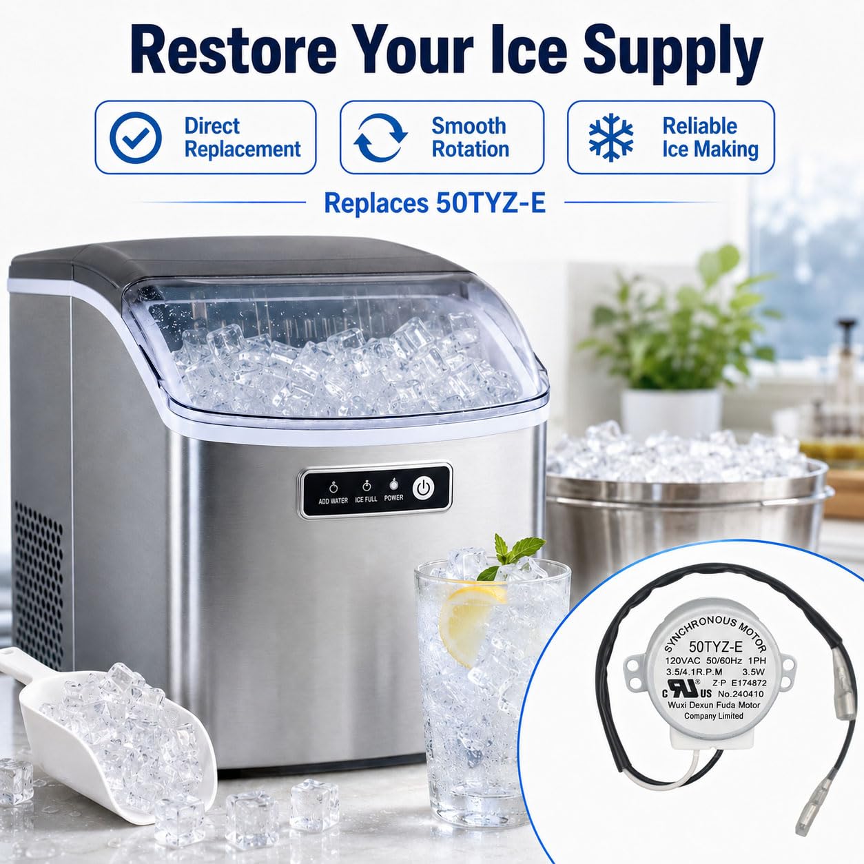 Ice Maker Synchronous Motor 120V 50/60Hz 50TYZ-E Replacement, Compatible with Commercial Household Ice Maker HZB-12/A HZB-12/B HZB-12/H HZB-12/G HZB-22BF HZB-15 HZB-12YLR HZB-20YLR, 3.5/4.1 R.P.M.