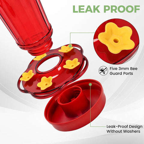 Hummingbird Feeder-14 Ounces，5 Feeding Ports Glass Hummingbird feeders for Outdoors,Wide Mouth for Easy Filling/Cleaning，Hanging for Garden Backyard Decor, Includes Ant Moat (Red，1Pack)