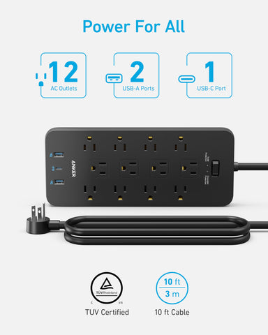 Anker Power Strip with 3 USB Ports，Surge Protector (2100J-10ft)，12 Outlets with 2 USB A Ports and 1 USB C Port,Works with iPhone 15/15 Plus/15 Pro/15 Pro Max,for Home,Office, TUV Listed