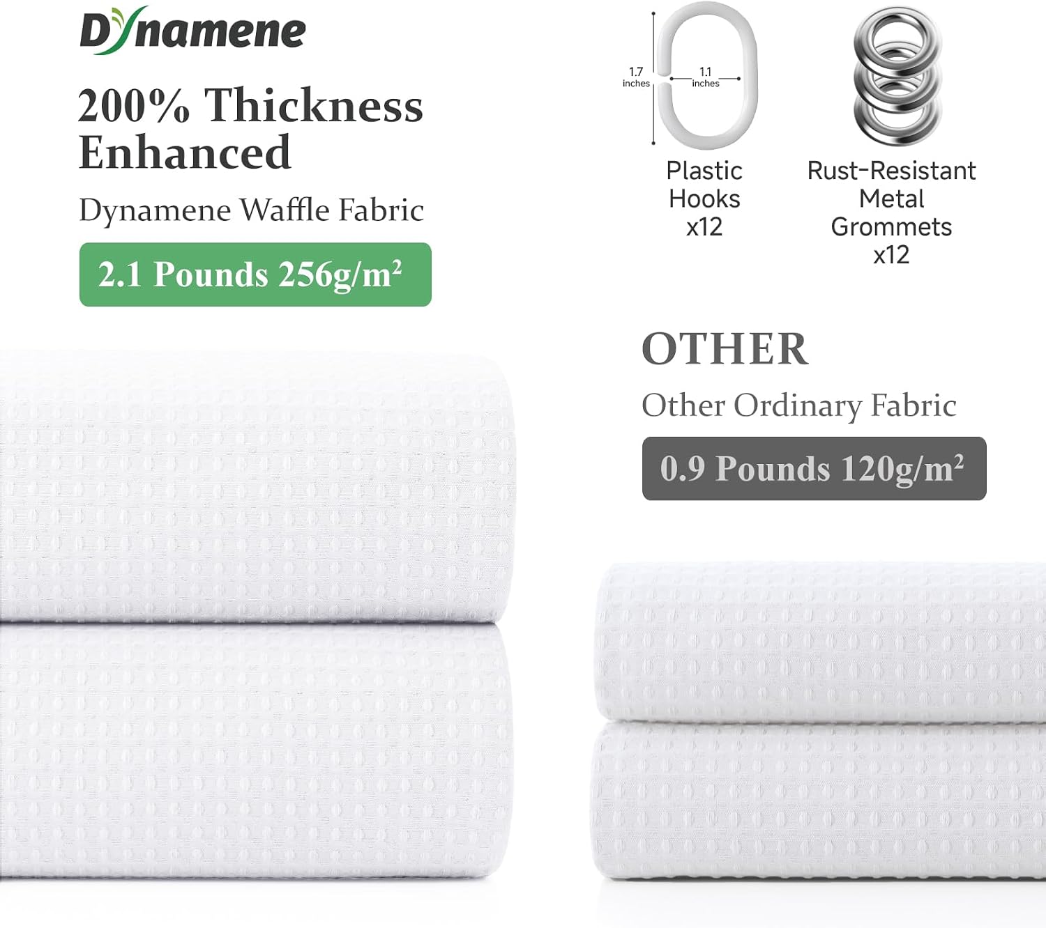 Dynamene Waffle Shower Curtain 256 GSM Heavy Duty Fabric 72"x72" White