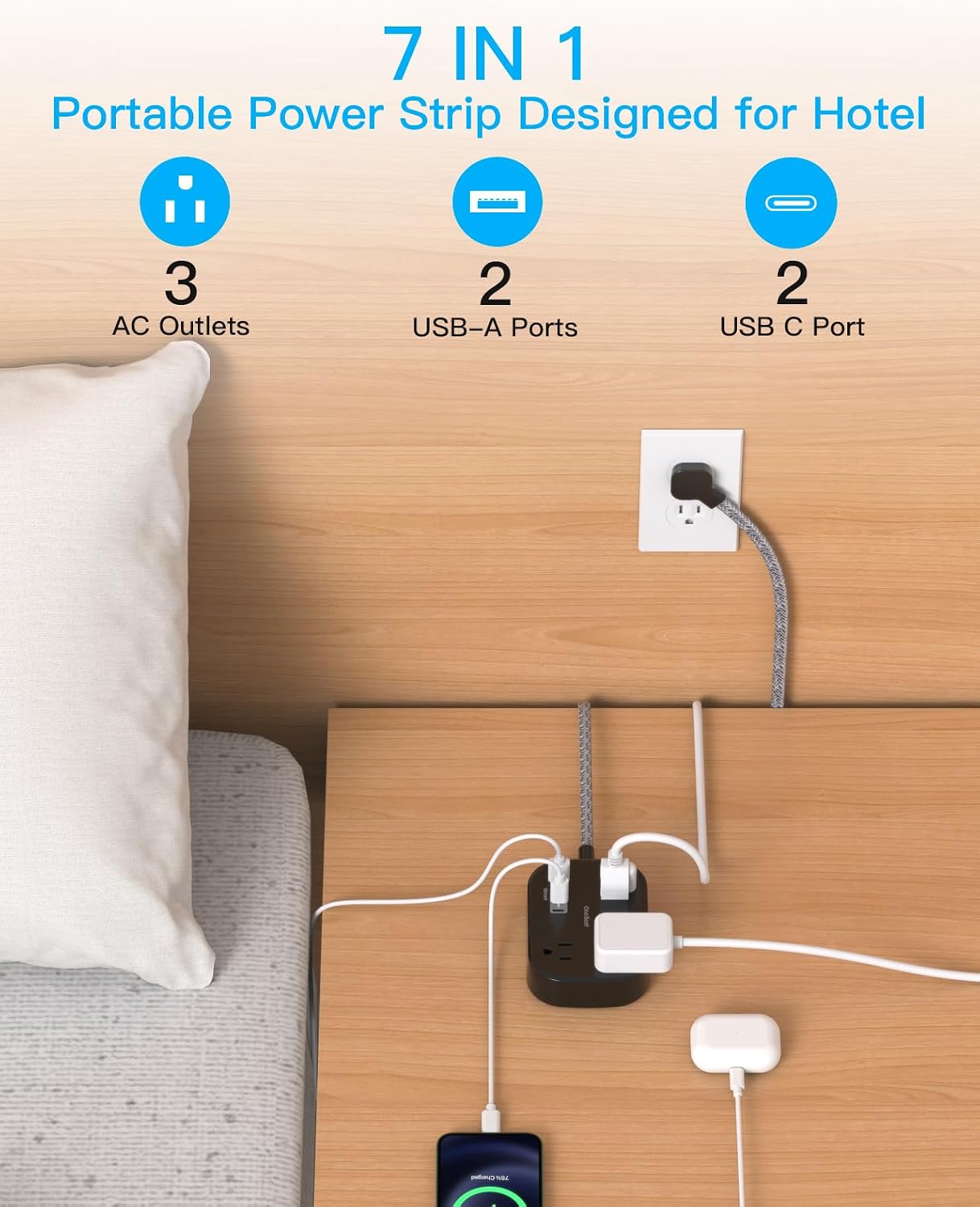 Cruise Essentials 2026,One Beat Travel Power Strip with USB C,Flat Plug 6ft