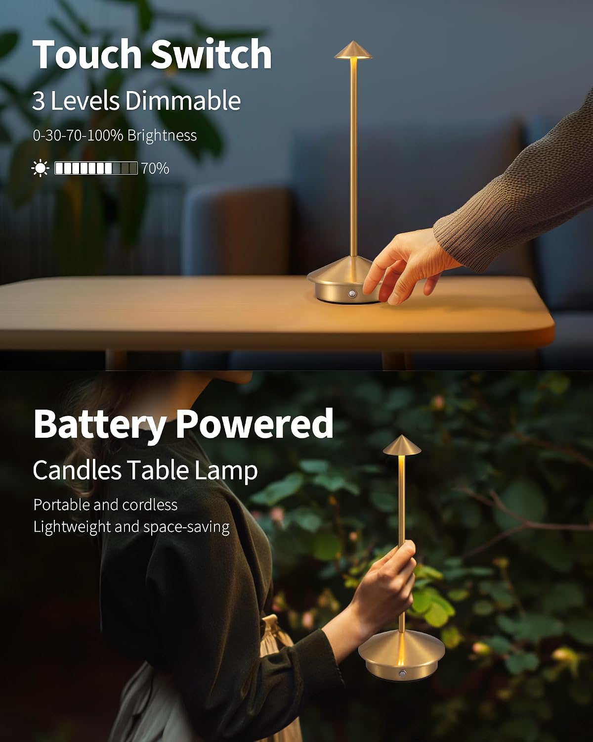 Modern Cordless Table Lamp Set of 2, Gold Portable LED Desk Lamps