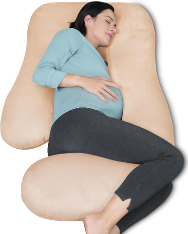 MOON PARK Pregnancy Pillows for Sleeping - U Shaped Full Body Maternity Pillow with Removable Cover - Support for Back, Legs, Belly, HIPS - 65 Inch - Brown - Cooling Cover