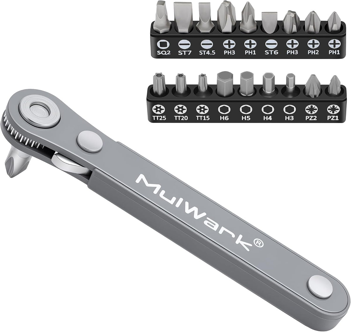 MULWARK 20pc 1/4 Ultra Low Profile Mini Ratchet Wrench Close Quarters Screwdriver Set with High Torque - Right Angle EDC Tool with 90 Degree Mini Offset Reversible Drive Handle & Multi Hex Bits Set