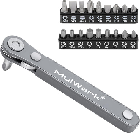 MULWARK 20pc 1/4 Ultra Low Profile Mini Ratchet Wrench Close Quarters Screwdriver Set with High Torque - Right Angle EDC Tool with 90 Degree Mini Offset Reversible Drive Handle & Multi Hex Bits Set