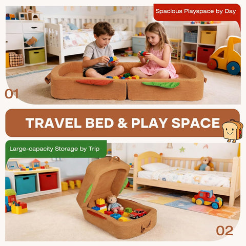 Toddler Travel Bed Sandwich Style - Portable Toddlers Floor Beds, Foldable Soft Foam Travel Crib for Baby and Kid, Washable Cover Toddler Cot with Safety Rail for Travel, Medium Size