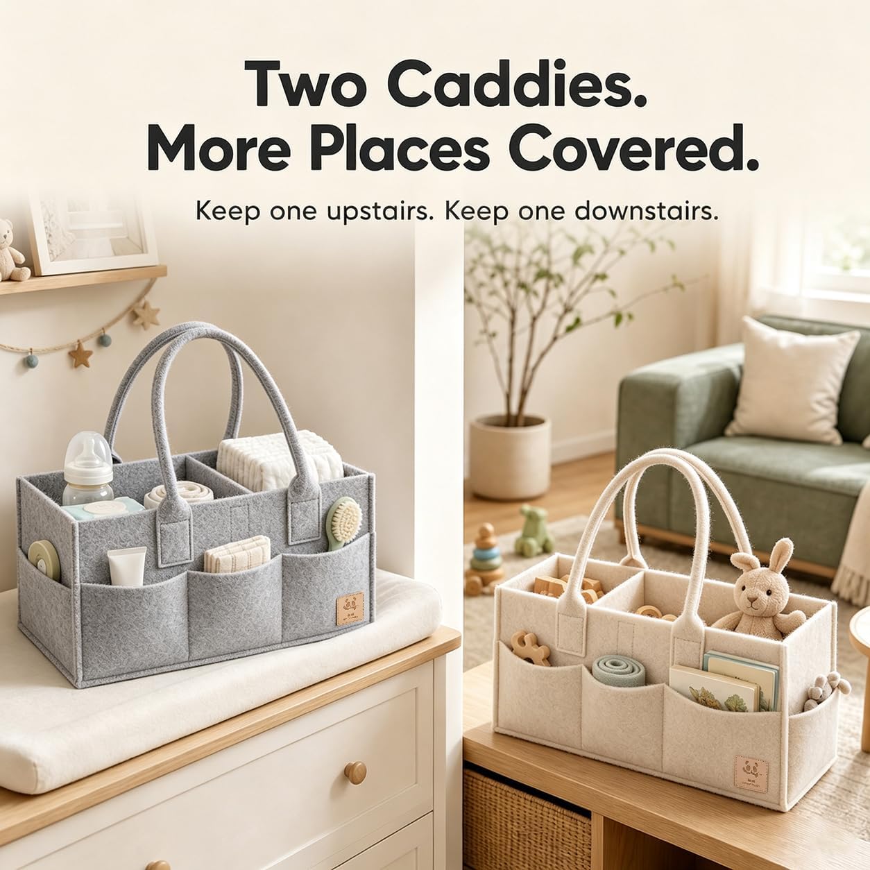 HIPHOP PANDA 2-Pack Diaper Caddy Organizer - Newborn Essentials Baby Registry Must Haves - Sturdy Nursery Storage Bin & Portable Car Caddy for Diapers & Wipes - Grey/Oatmeal Gift Set