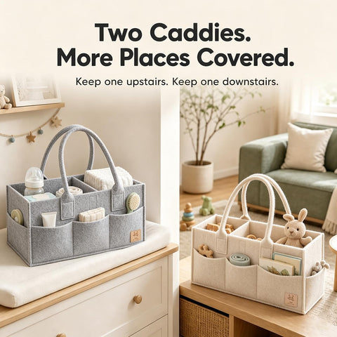 HIPHOP PANDA 2-Pack Diaper Caddy Organizer - Newborn Essentials Baby Registry Must Haves - Sturdy Nursery Storage Bin & Portable Car Caddy for Diapers & Wipes - Grey/Oatmeal Gift Set